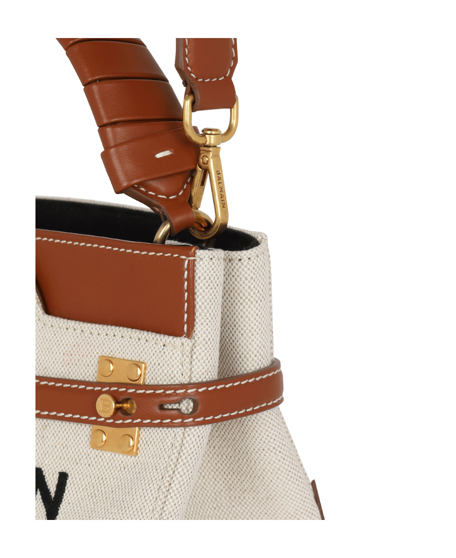 Shop Balmain B-buzz 22 Canvas Top Handle Bag With Leather Insert In Multicolor
