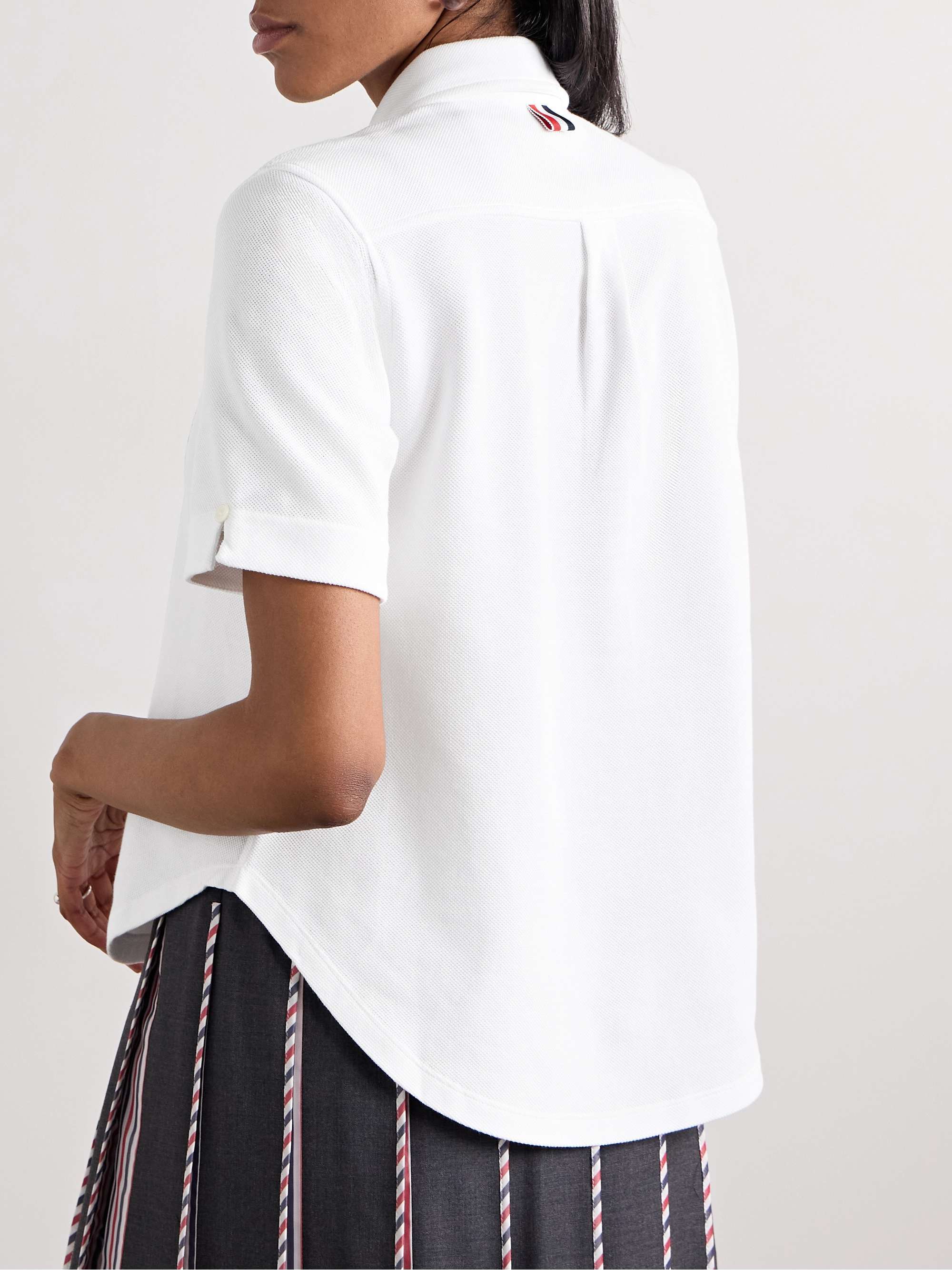 Thom Browne Floral-embroidered Piqué Shirt In White