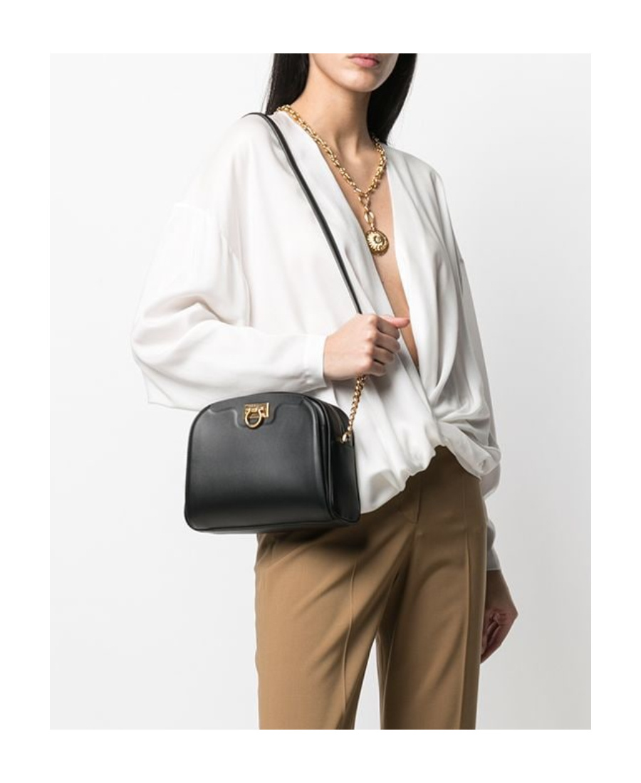 Ferragamo Gancini Detail Embossed Cross-body Bag In Black