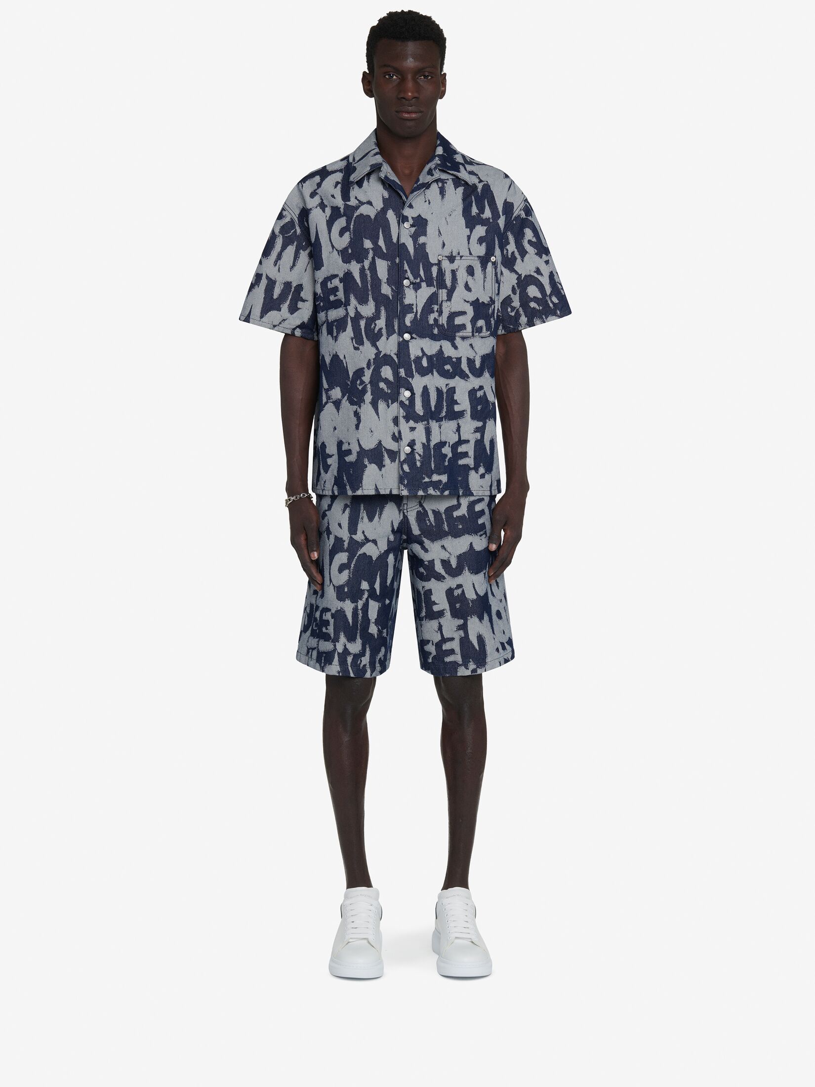 Alexander Mcqueen Graffiti Printed Bermuda Denim Shorts In Gray