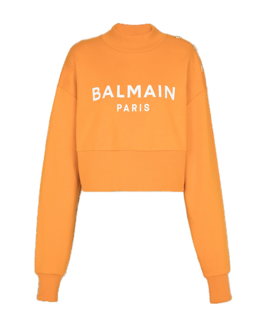 BALMAIN ECO-RESPONSIBLE COTTON CROPPED SWEATSHIRT WITH BALMAIN LOGO PRINT