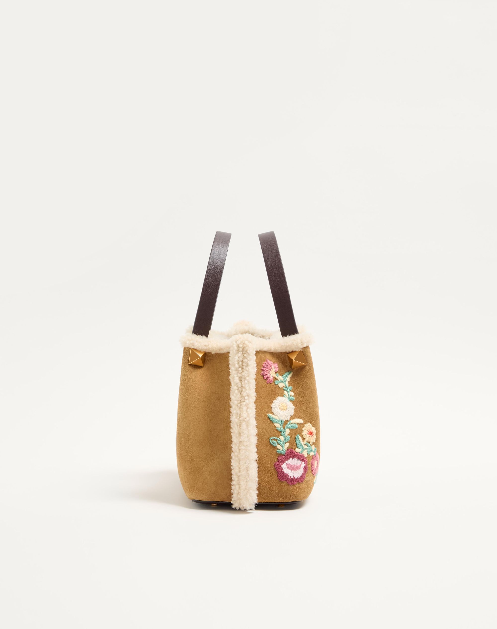 Valentino Small Embroidered-flowers Suede Tote Bag In Brown