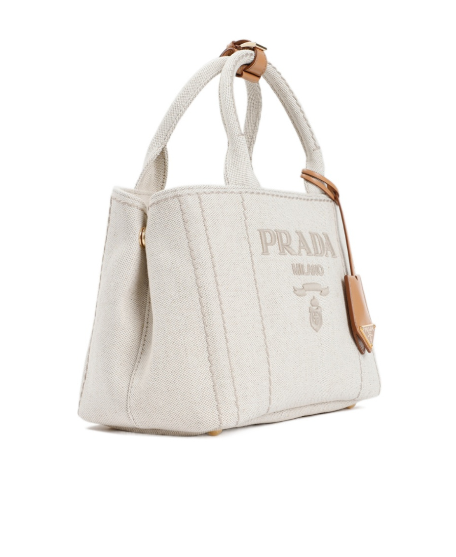 Prada Small Logo Embroidered Canvas Tote Bag In Neutral