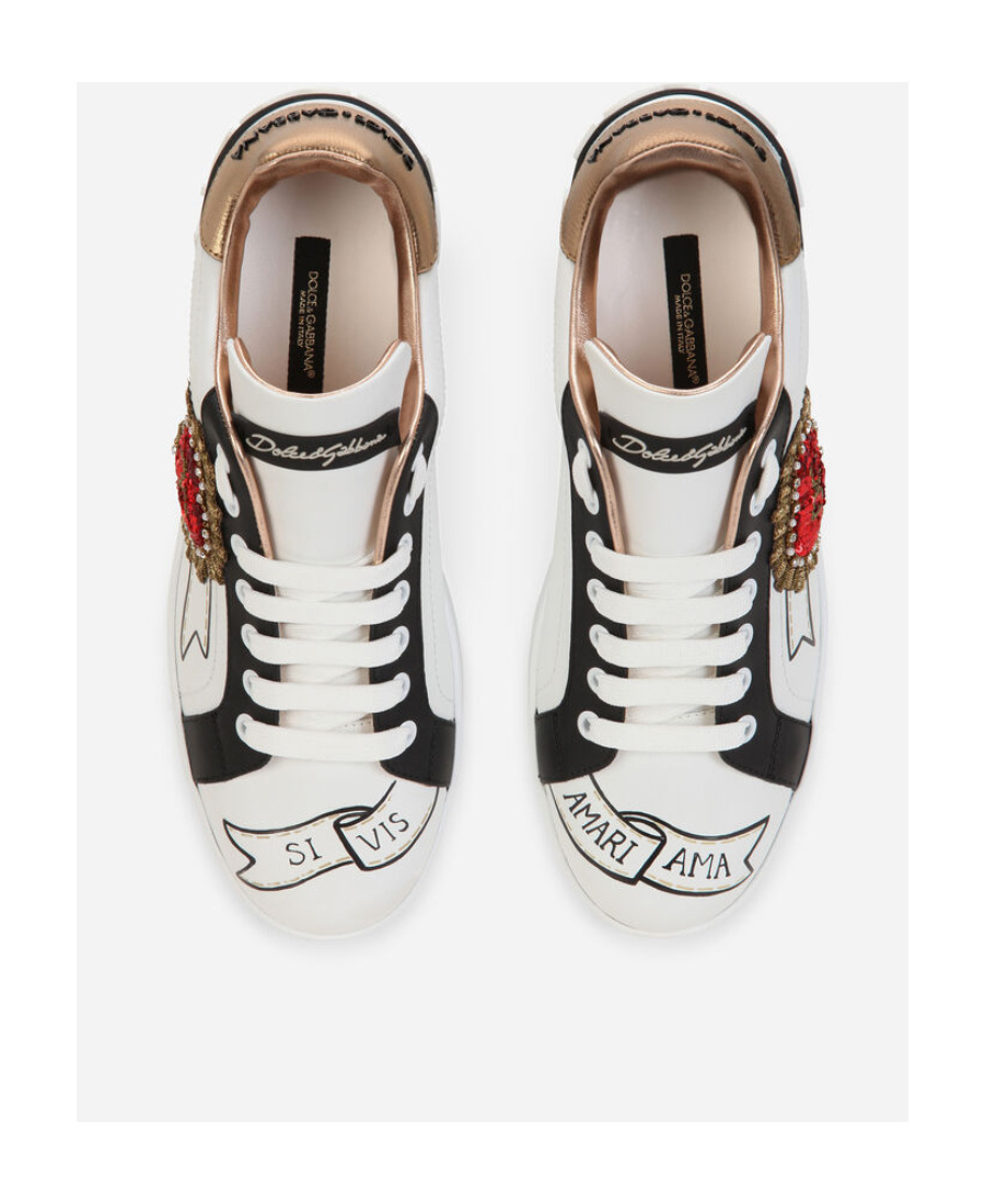 Dolce & Gabbana Calfskin Portofino Sneakers With Embroidery In White