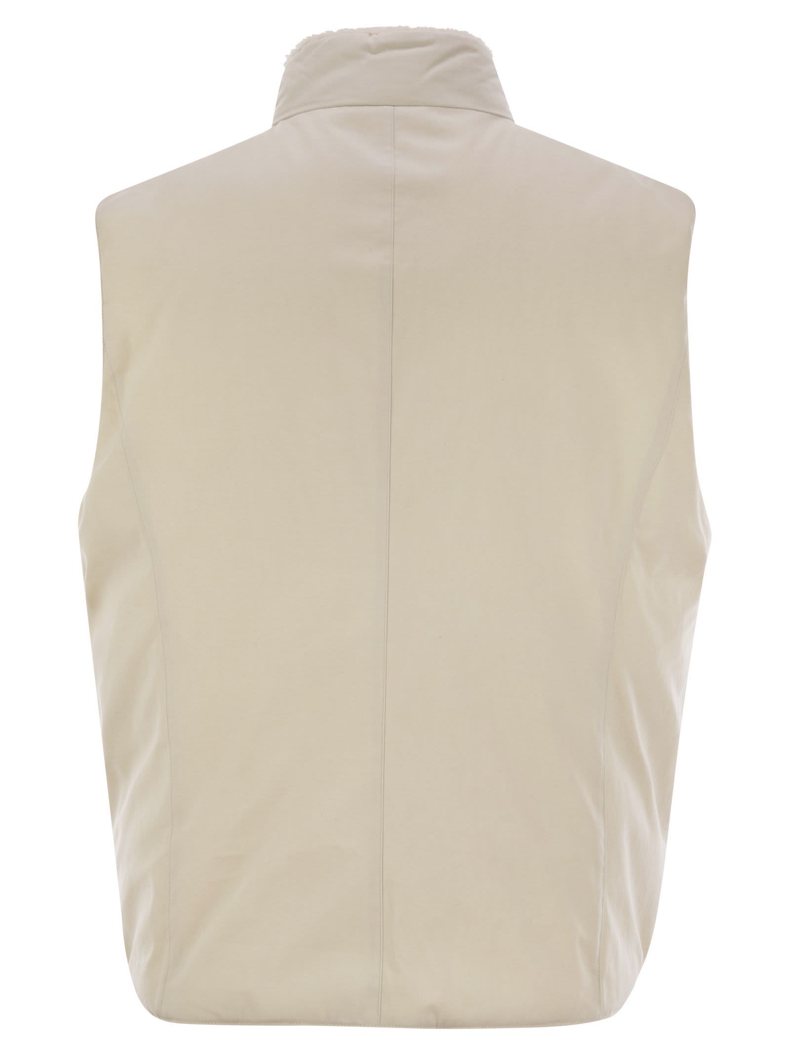 Brunello Cucinelli Men Sleeveless Down Jacket With Sheepskin Collar In Nude