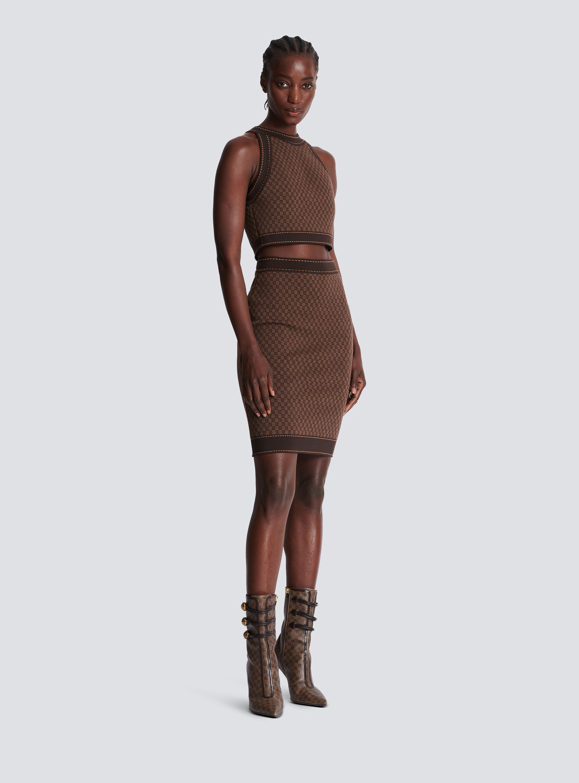 Balmain Mini Monogram Jaquard Crop Top In Brown