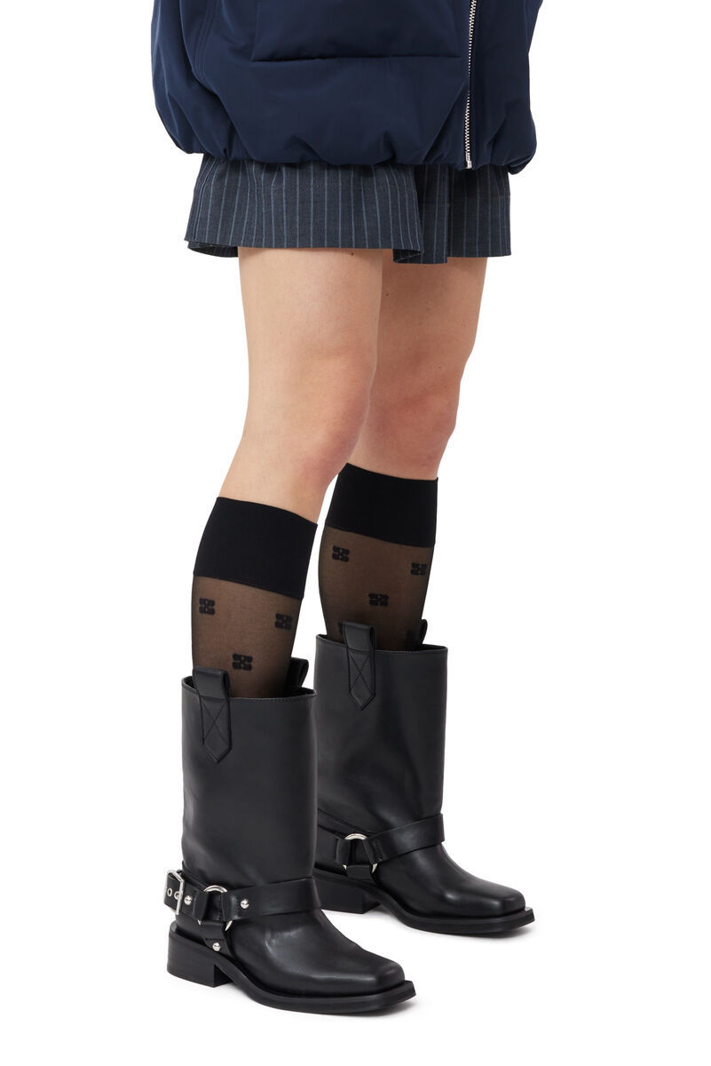 Ganni Mid Calf Recycled Leather Biker Boots In Black