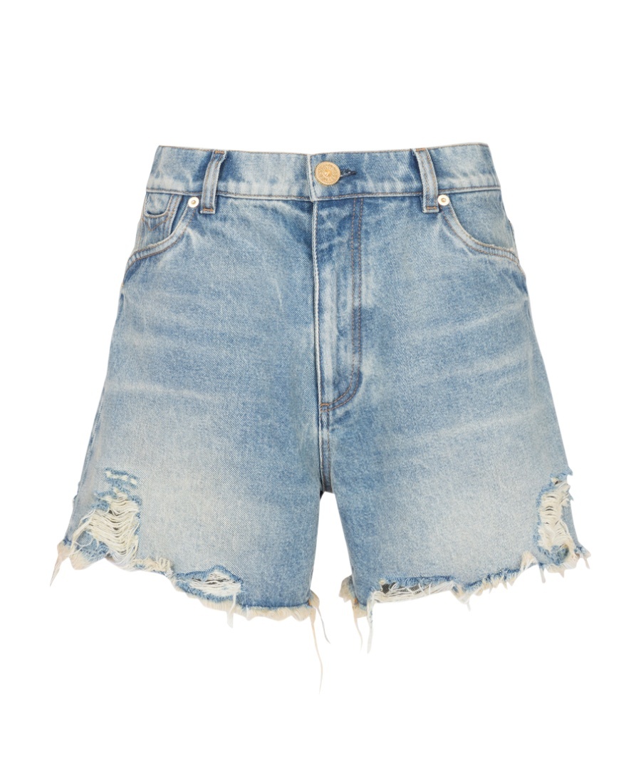 Balmain Mid-rise Frayed Denim Shorts In Blue