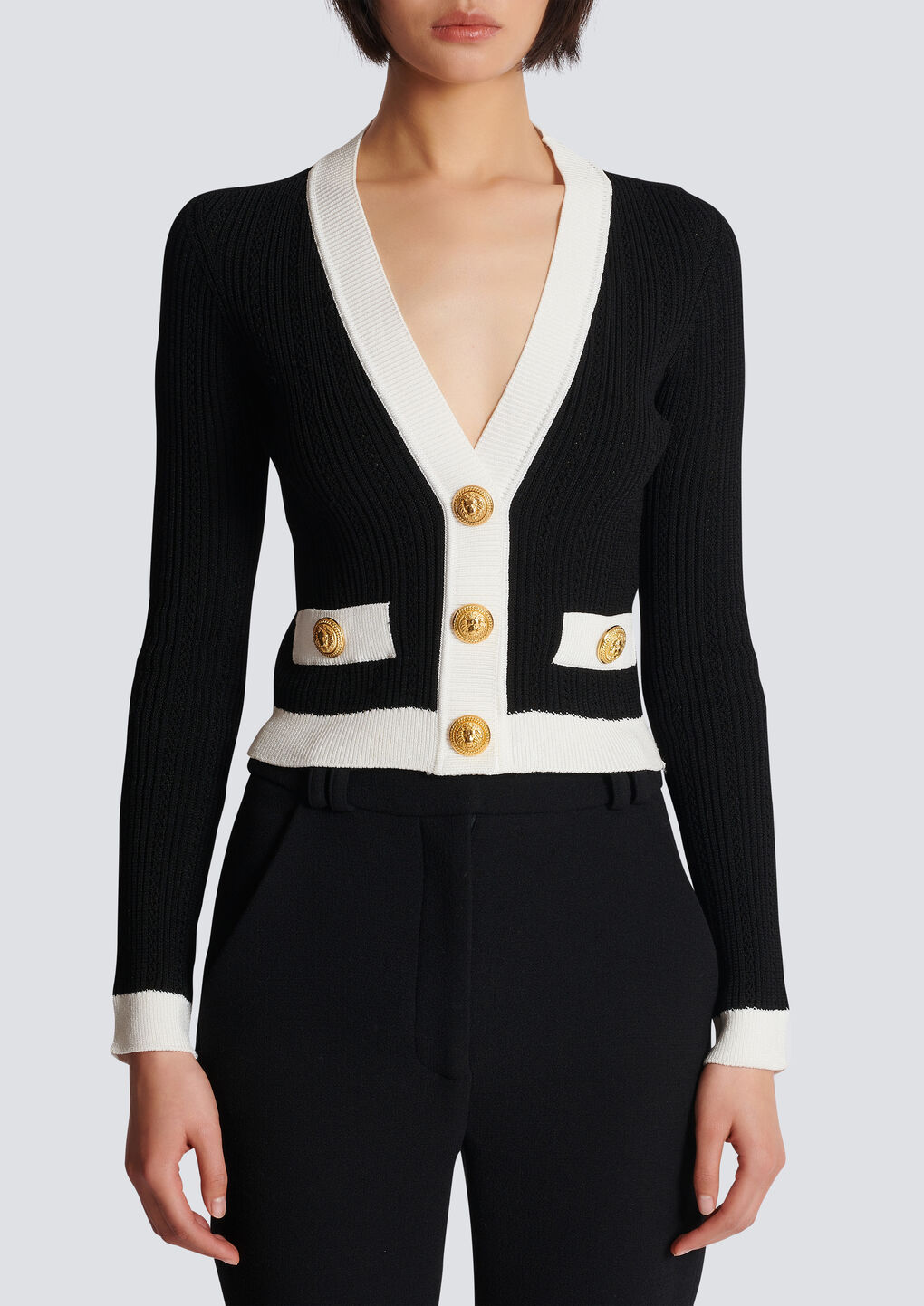 Balmain Contrast-border Ribbed Knit Cardigan In Black