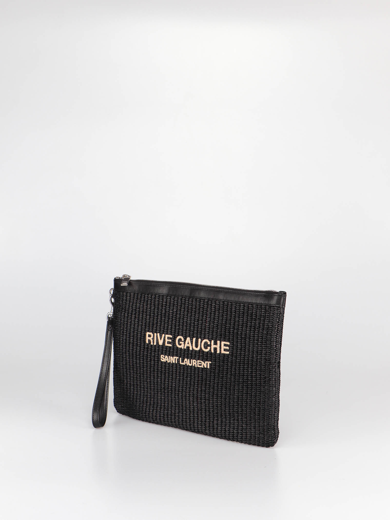 Saint Laurent Rive Gauche Raffia Clutch Bag In Black