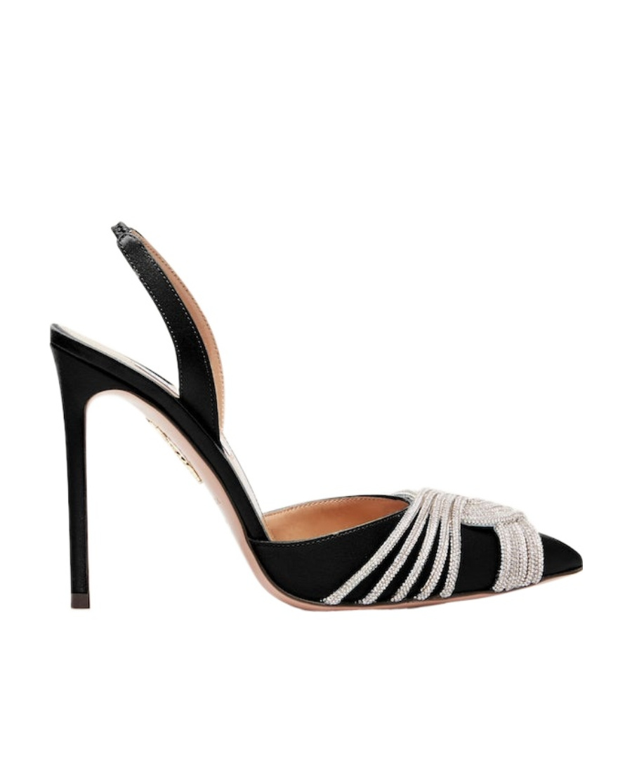 Aquazzura Gatsby 105 Crystal-embellished Satin Slingback Pumps In Black