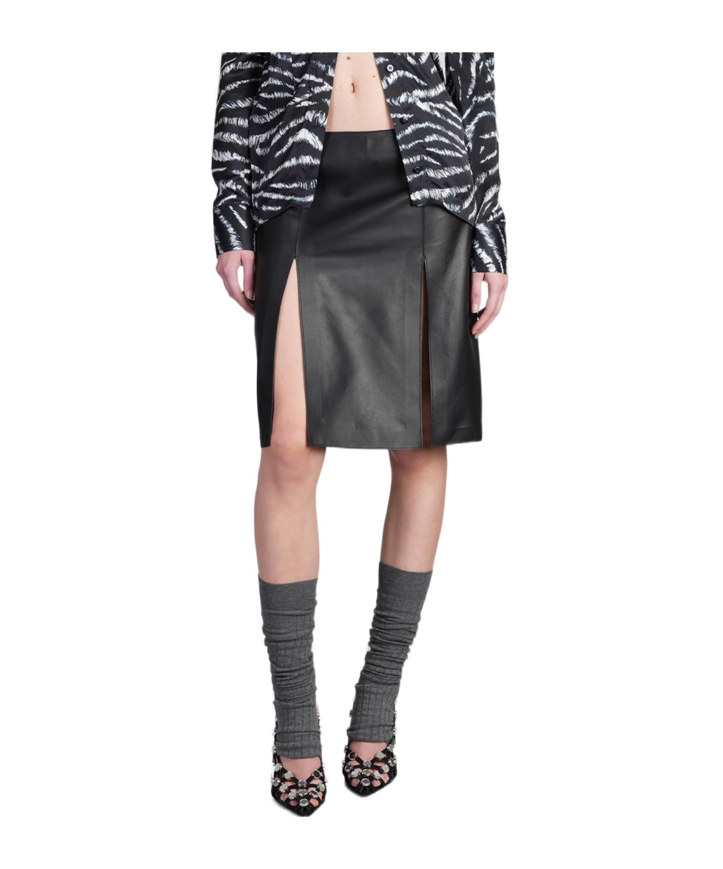 Attico Leather Skirt With Slit Design In Black