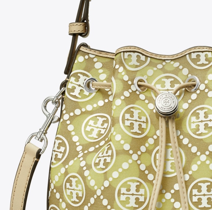 Tory Burch T Monogram Mesh Dot Bucket Bag In Khaki / Honey Dew