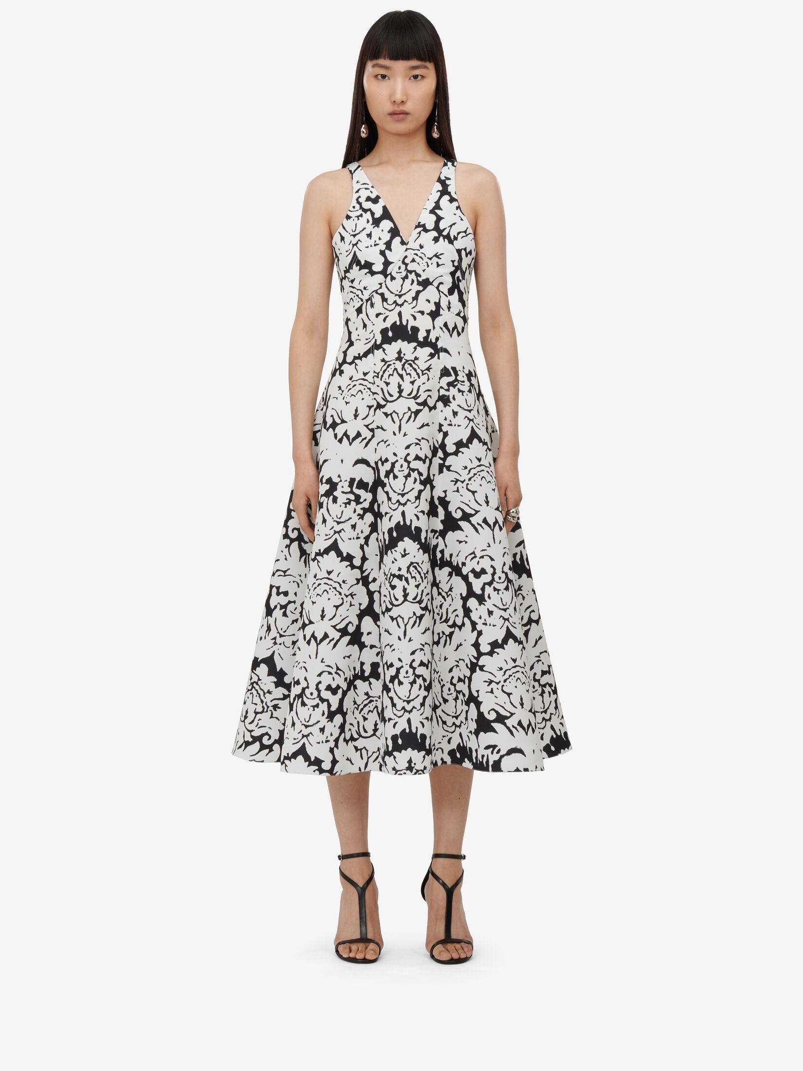 Alexander Mcqueen Damask Printed V-neck Midi Dress In White