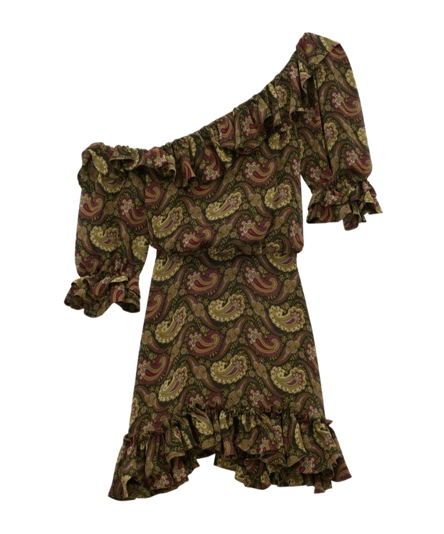 Saint Laurent Paisley Off-the-shoulder Mini Ruffled Dress In Green