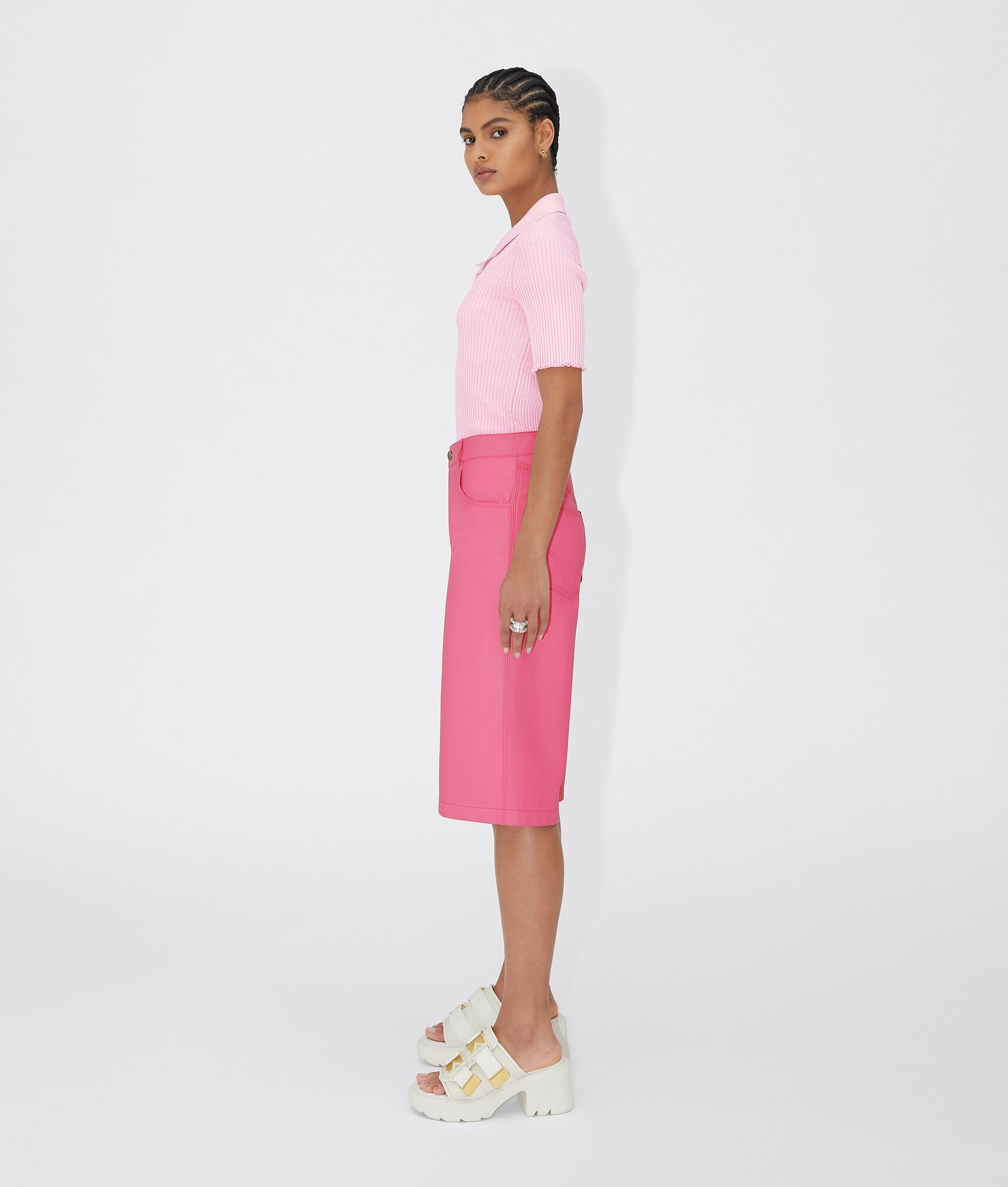 Bottega Veneta Ribbed Polo Top In Pink