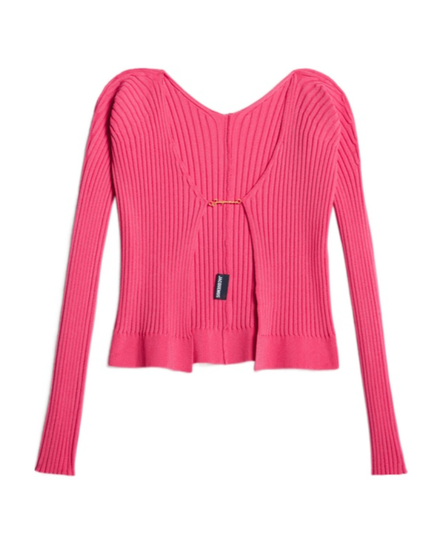 Jacquemus Pralù Cropped Embellished Ribbed-knit Cardigan In Pink