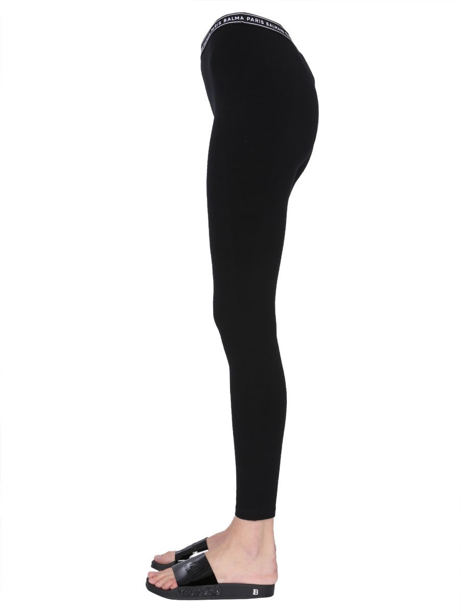 Balmain Logo-waistband Cotton-blend Leggings In Black