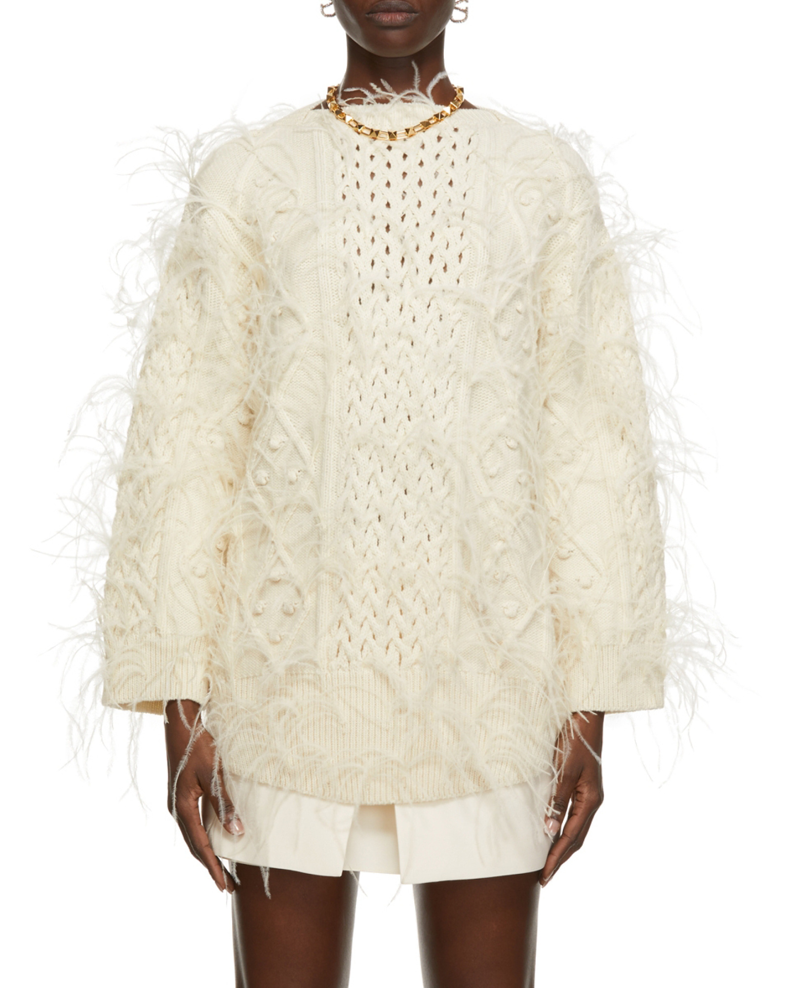 Valentino Feather-embellished Wool Jumper In Metallic