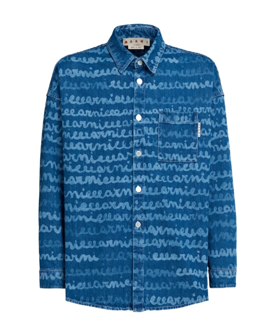 Marni Handwriting-print Denim Shirt In Blue