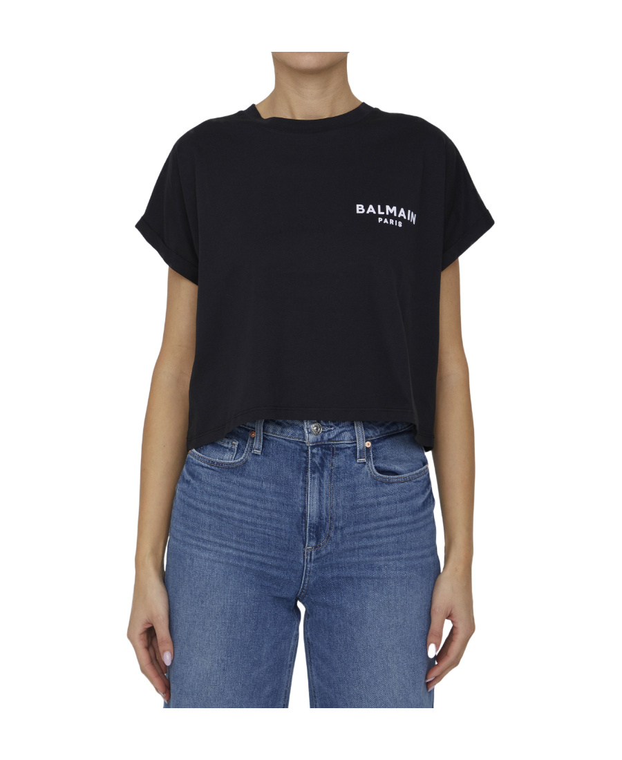 Balmain Cropped Cotton T-shirt With Small Flocked Logo In Black
