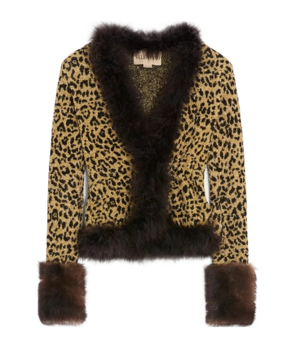 Valentino Feather And Lamb Shearling Trim Metallic Leopard Jacket In Brown