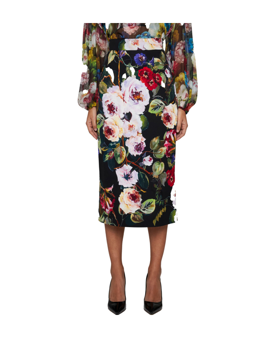 Dolce & Gabbana Silk Blend Charmeuse Printed Midi Skirt In Black