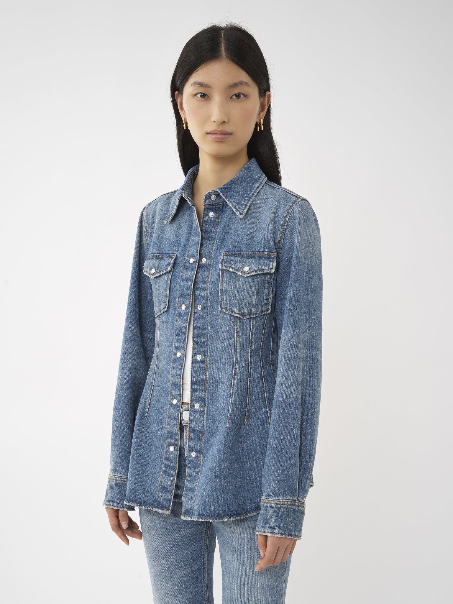 Shop Chloé Corset Detailed Western Shirt In Blue