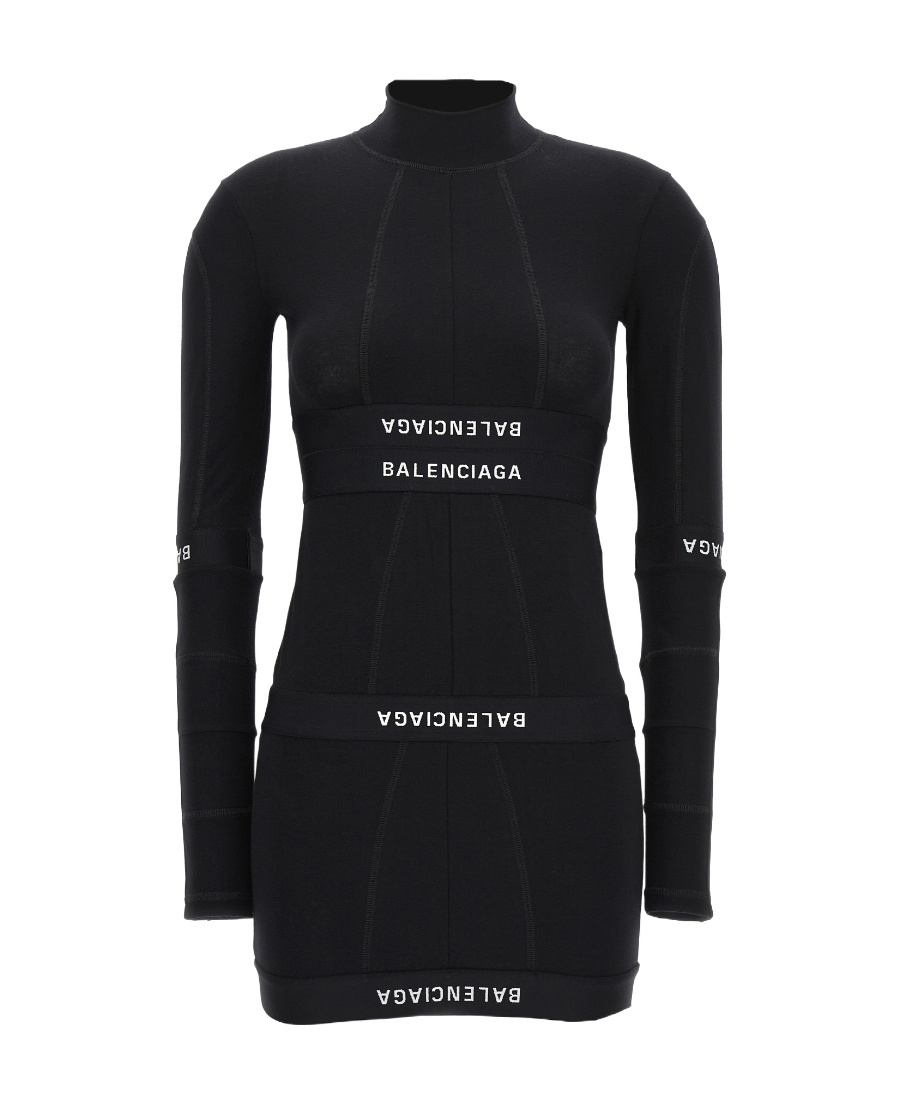 Balenciaga Patched Brief Logo Long Sleeve Stretch Cotton Minidress In Black/white