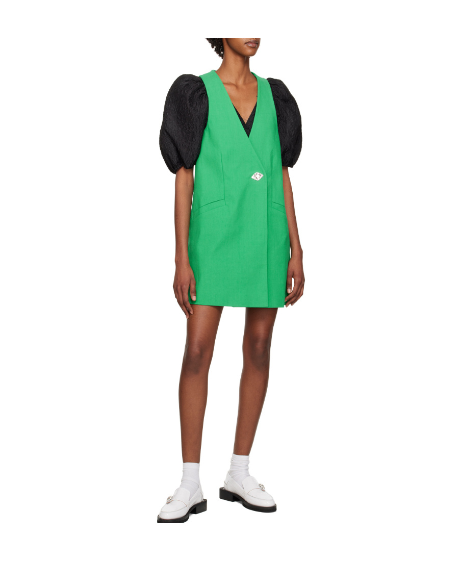 Ganni V Collar Button Dress In Green
