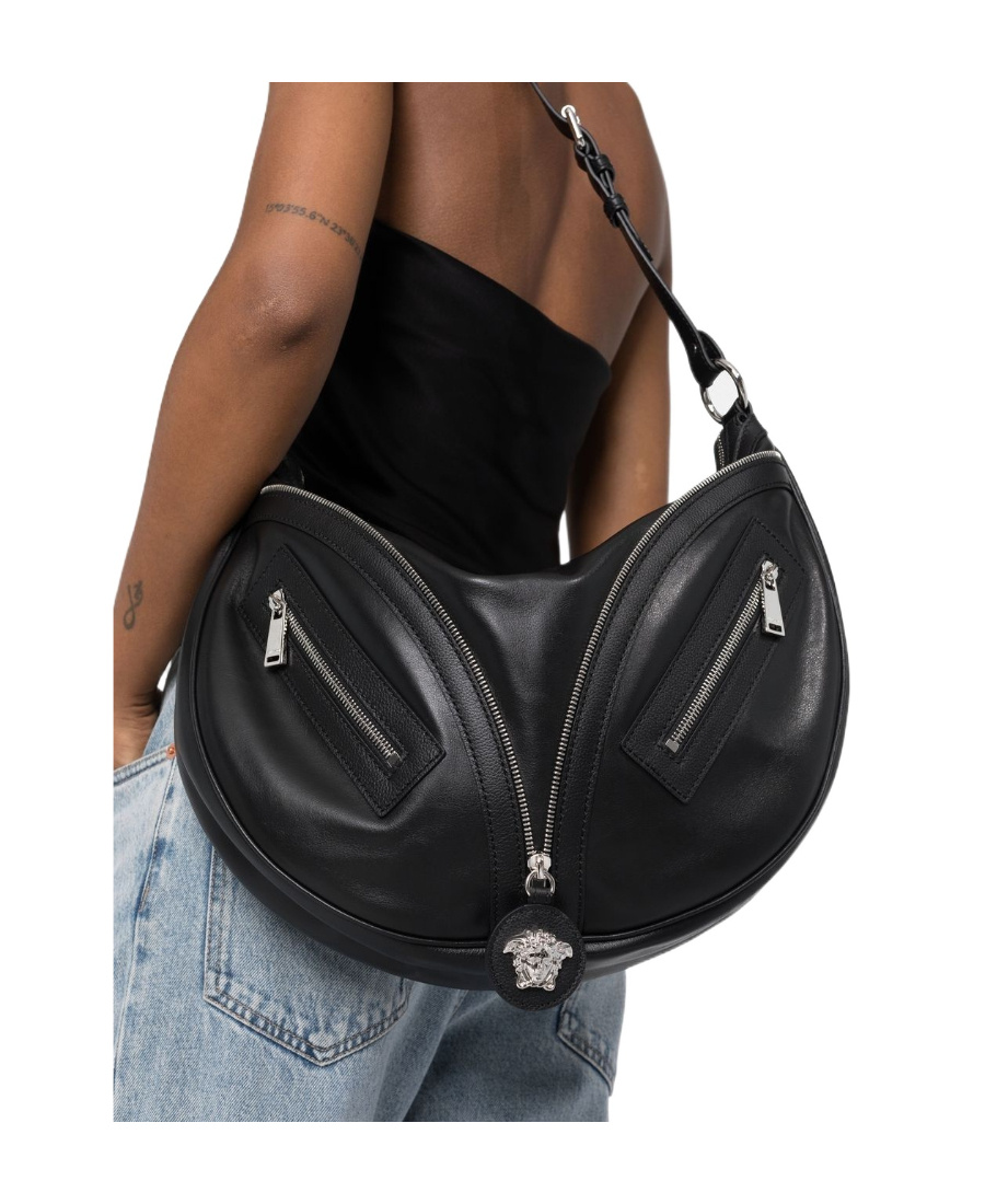 Versace Small Smooth Leather Top Handle Bag In Black