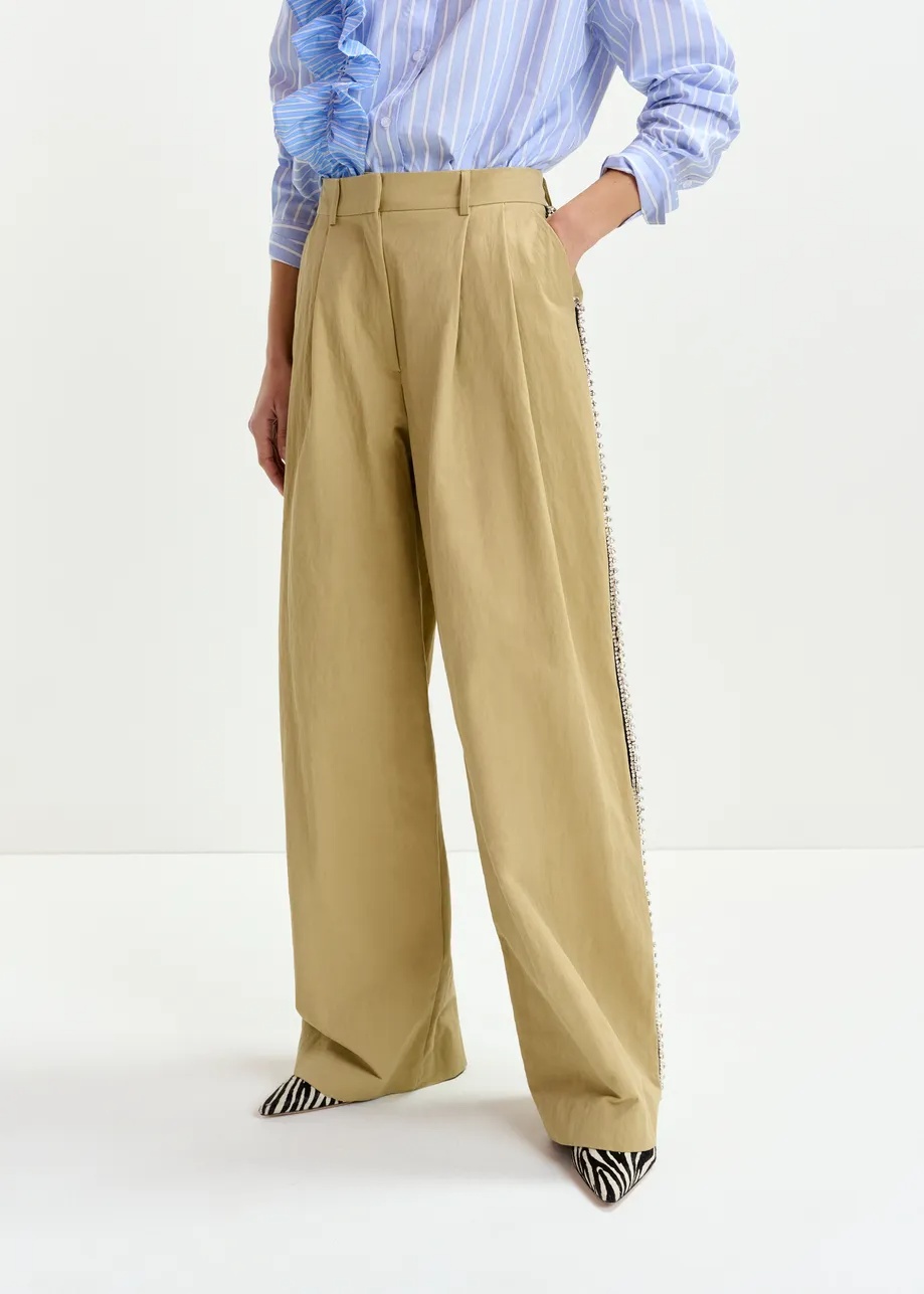 Essentiel Antwerp Beige Rhinestone-trimmed Pleated Wide-leg Pants In Brown