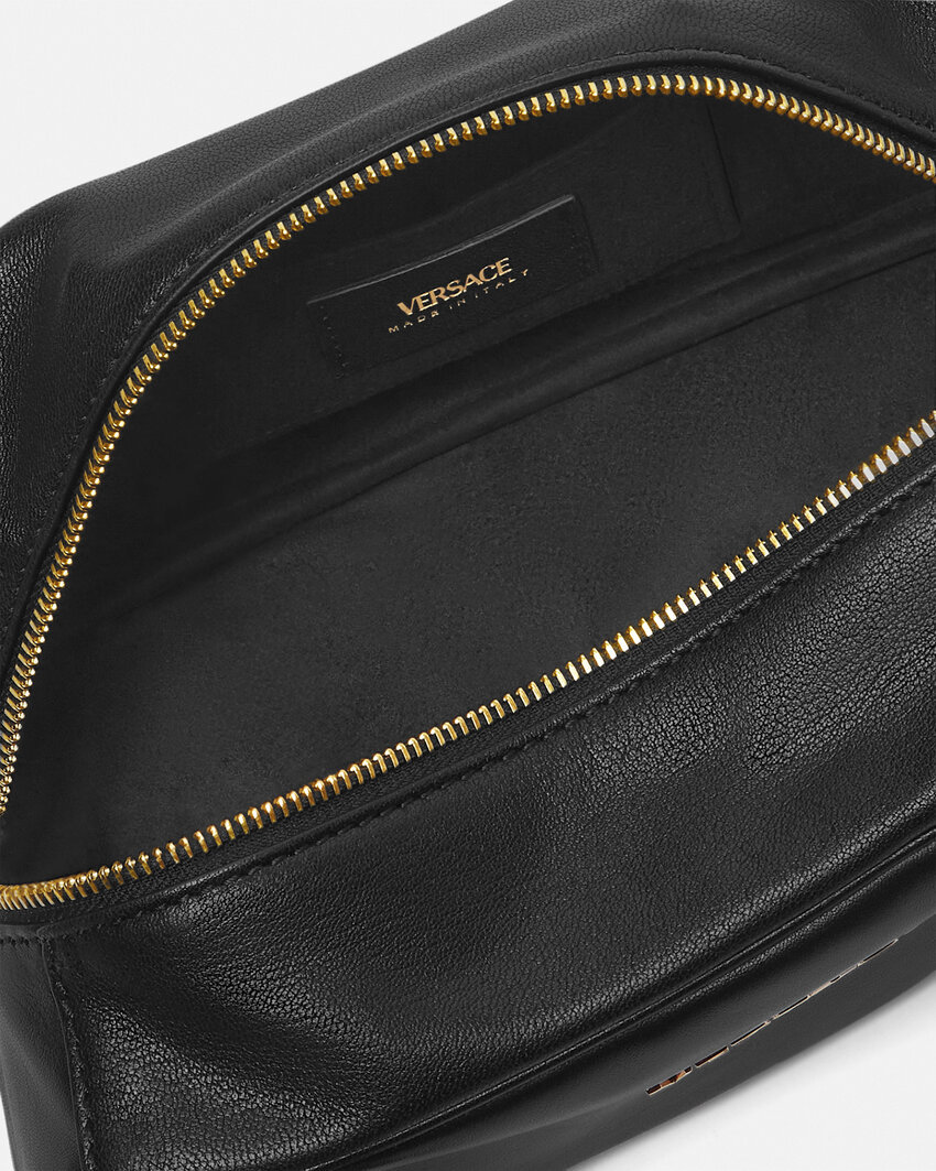 Versace Tag Bowling Black Shoulder Bag With Metallic Logo Lettering And Medusa Head Pendant In Leather Woman In Black