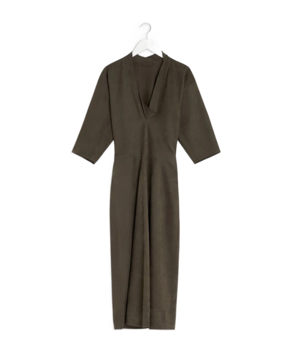 Lemaire V-neck Three-quarter Sleeve Midi Dress In Brown