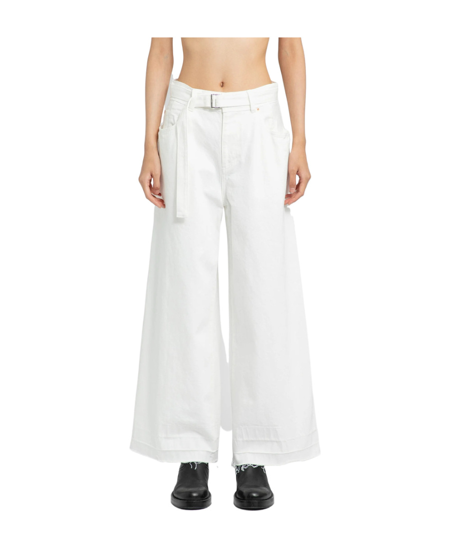 Sacai High-waisted Belted Flared Jeans In White
