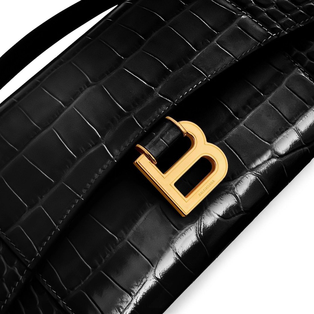 Balenciaga Hourglass Croc-effect Patent-leather Shoulder Bag In Black