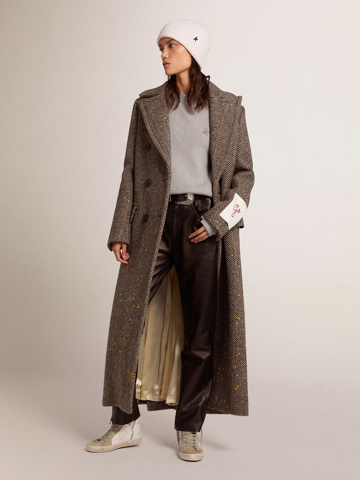 Golden Goose Berhen Long Herringbone Coat In Brown