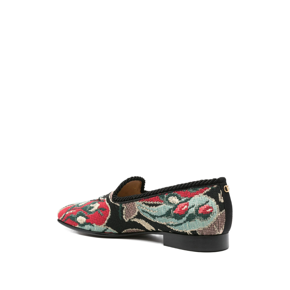 Valentino Floral-patterned Rope-trimmed Loafers In Black