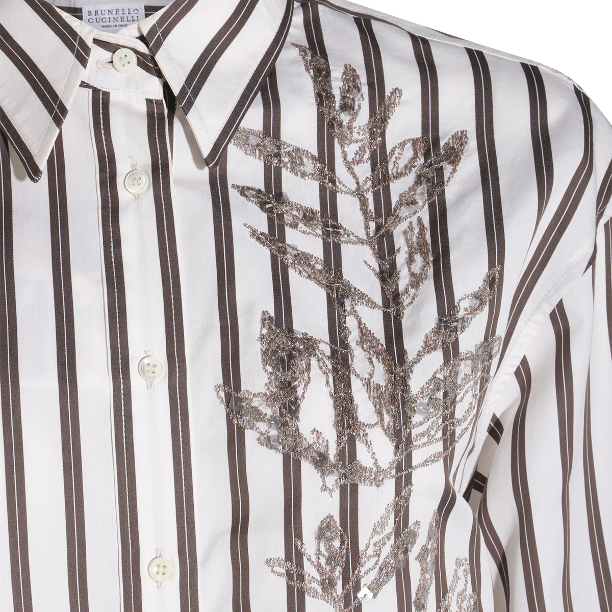 Brunello Cucinelli White Shirt With Floral Embroidery On The Front And All-over Striped Motif In White