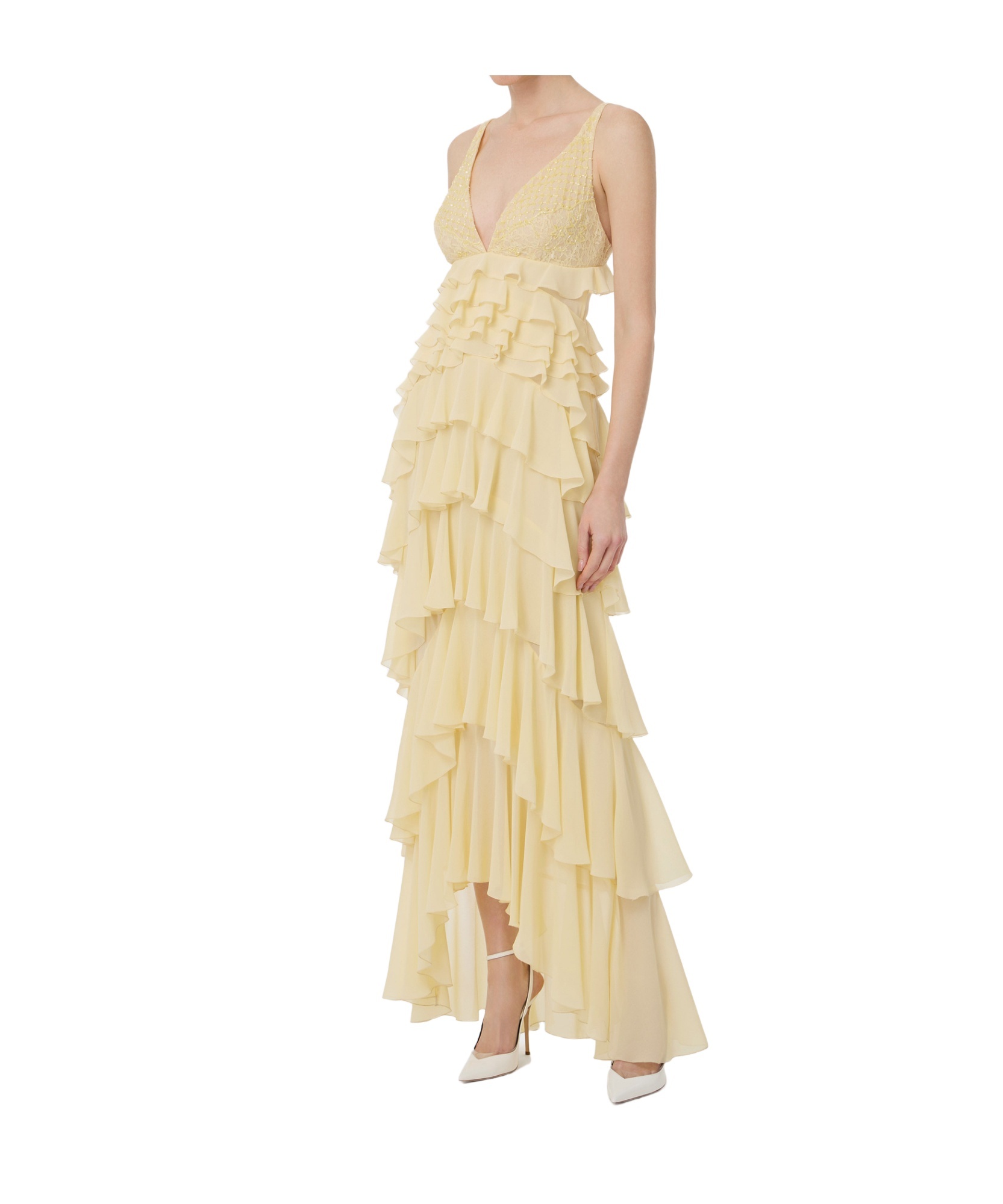 Elisabetta Franchi Lace And Ruffles Long Sleeve Dress In Nude