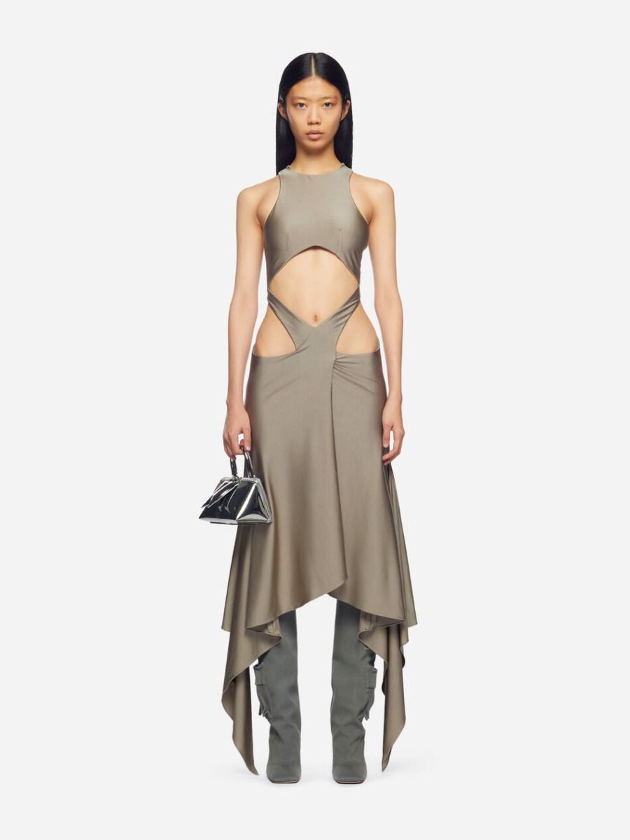 Attico Draped-hem Cut-out Midi Dress In Brown