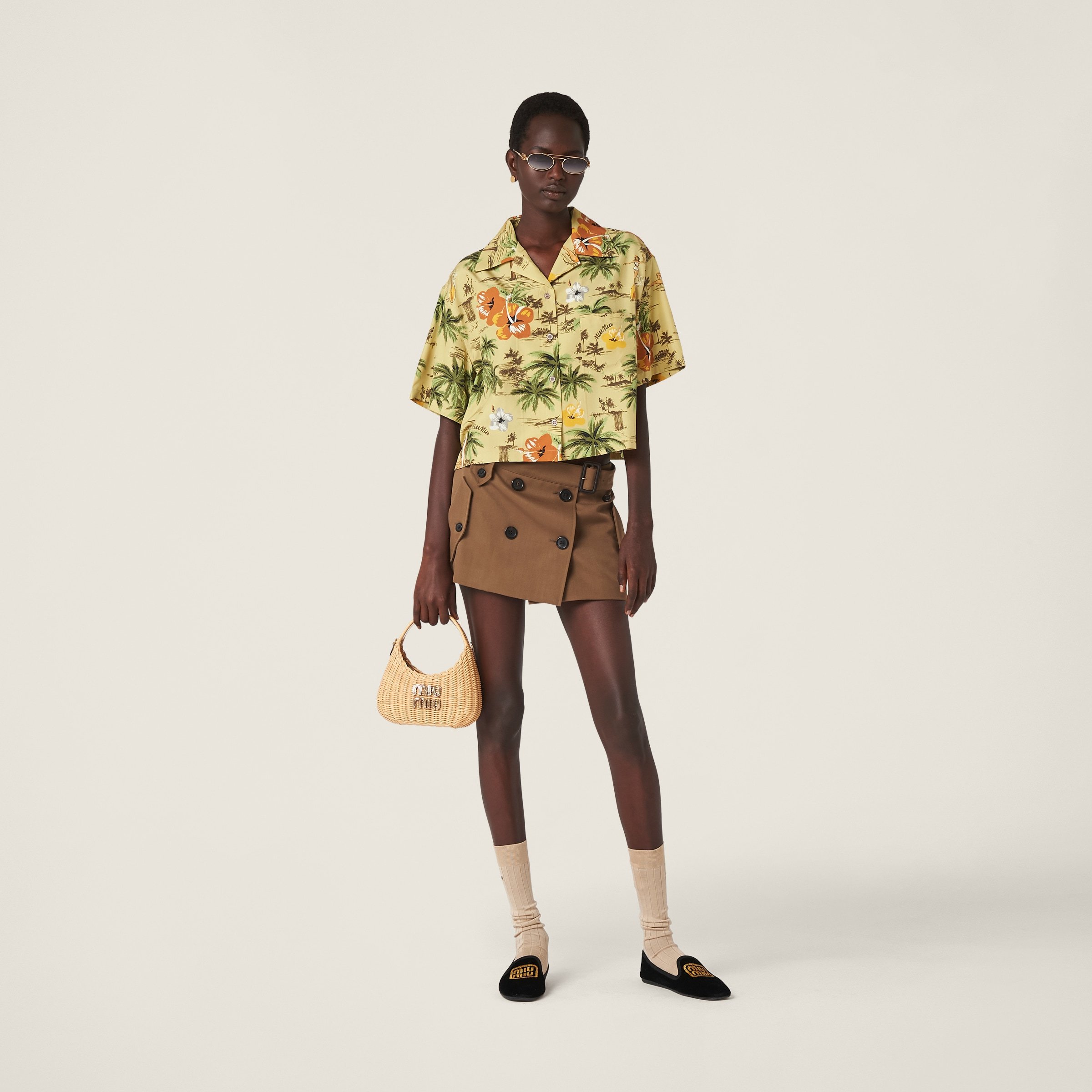 Miu Miu Belted Virgin Wool Miniskirt In Brown