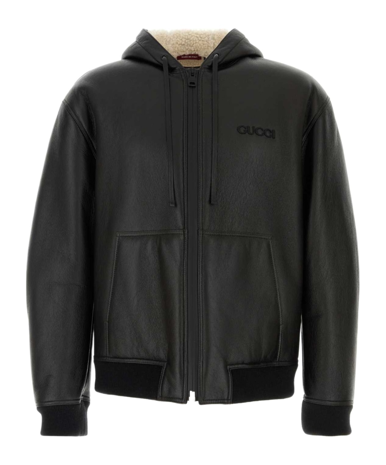 Gucci Leather Jacket With Front Pockets And Hood In Blackivory