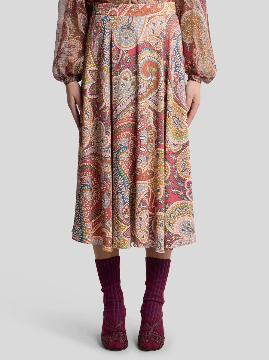 Etro Paisley Midi Skirt In Envers Satin In Brown