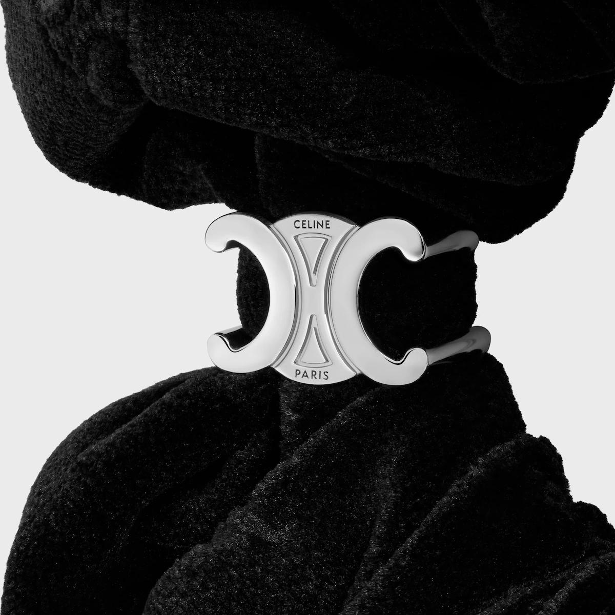 Celine Stamped Scrunchy In Polyester And Brass With Rhodium Finish In Black