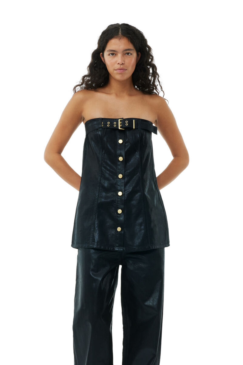Shop Ganni Black Foil Denim Corsage