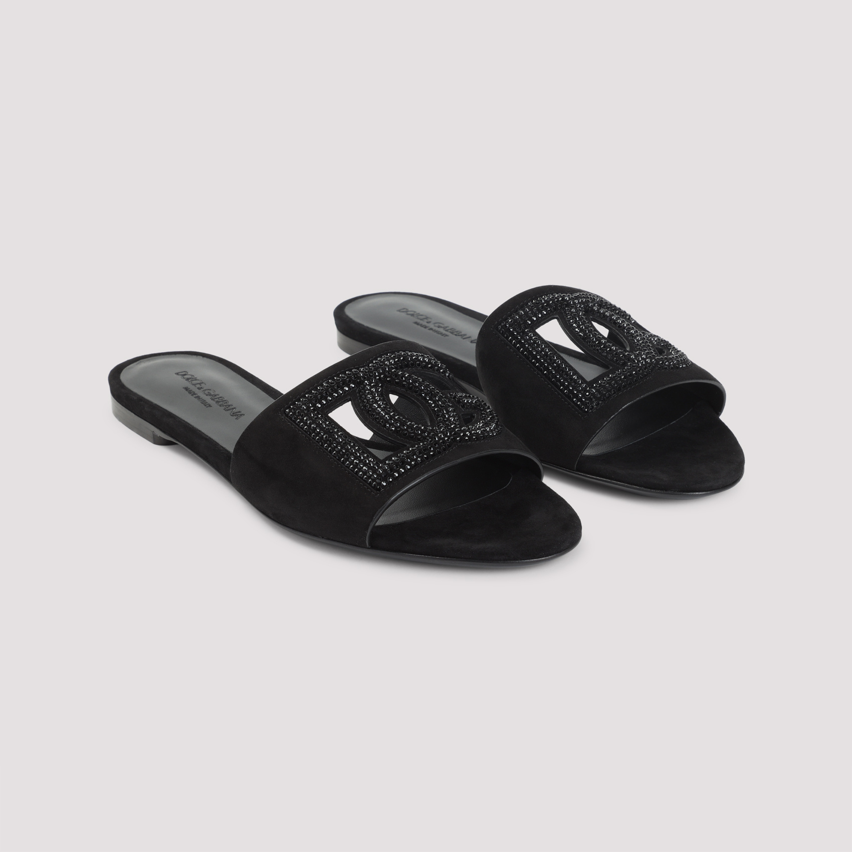 Dolce & Gabbana Black Goat Leather Slides With Signature Dg Logo In Black