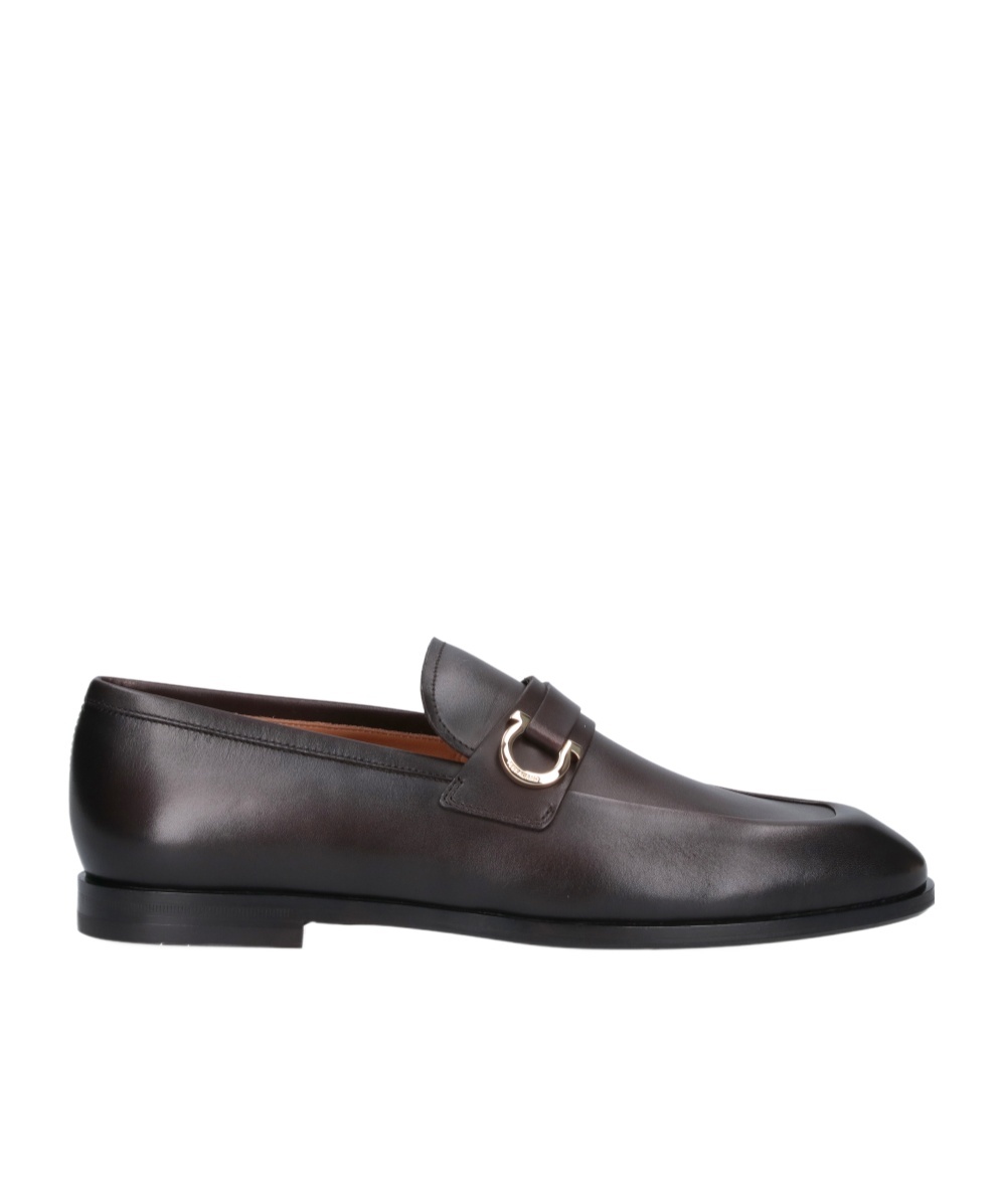 Ferragamo Gancini Loafers In Brown Leather Square Toe In Black