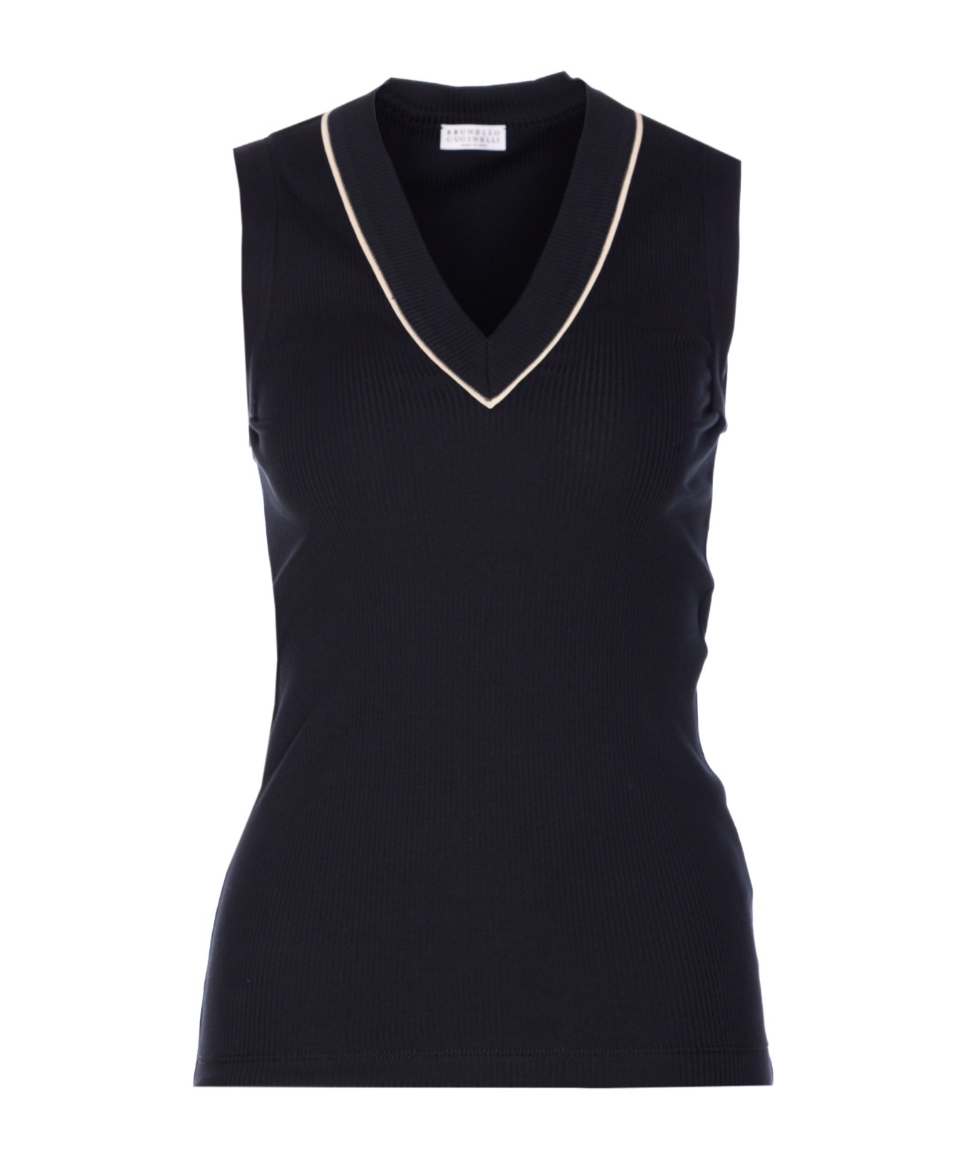 Brunello Cucinelli Sleeveless V-neck Ribbed Texture Tank Top In Black