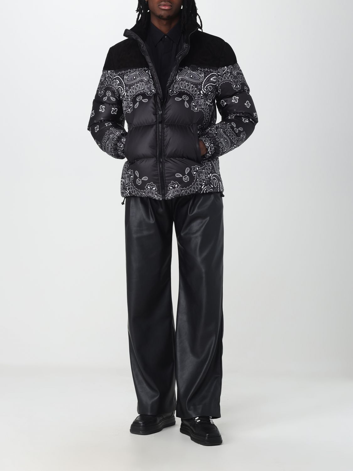 Philipp Plein Nylon And Suede Down Jacket Paisley Bandana In Black